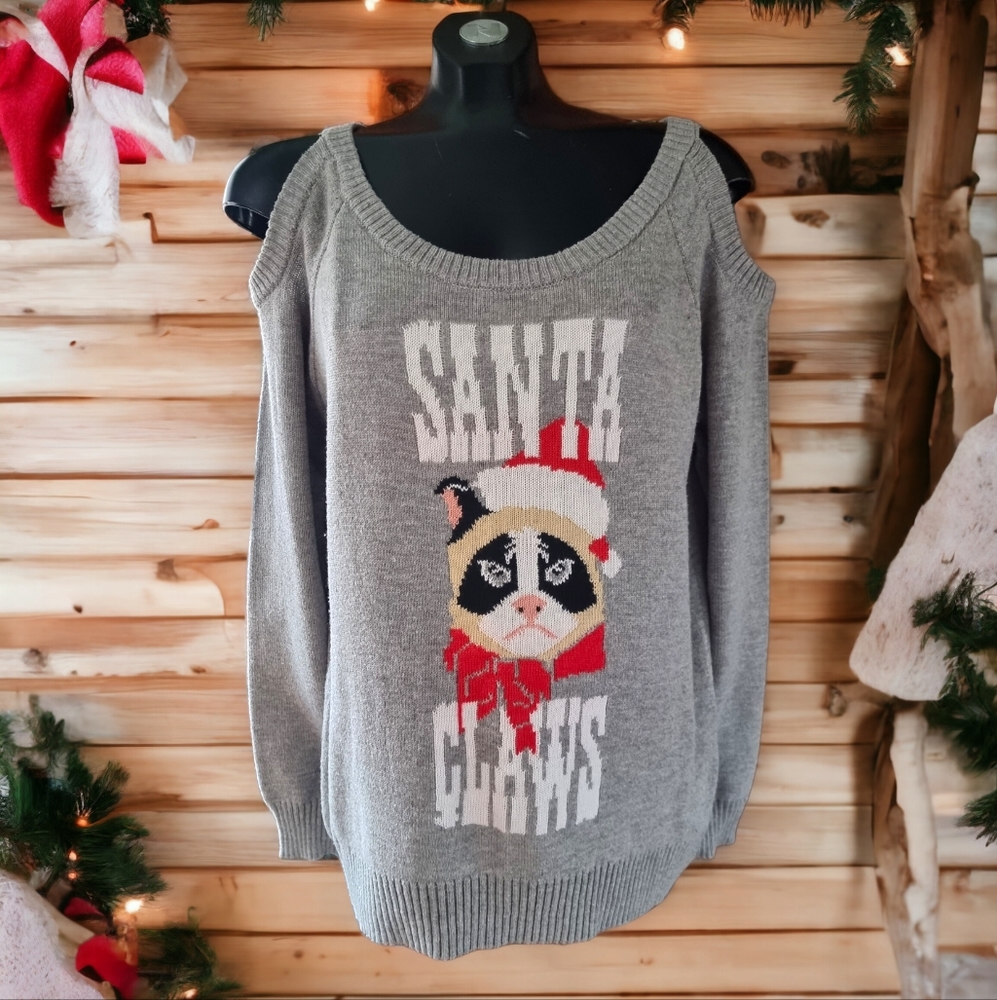 Tipsy Elves' Cat Ugly Christmas Cold Shoulder "Santa Claws" Sweater